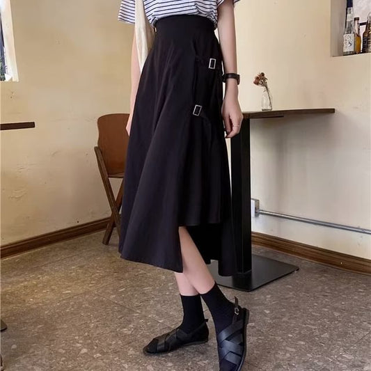 Asymmetrical Buckled A-Line Waist Plain Slit Elastic Midi Skirt