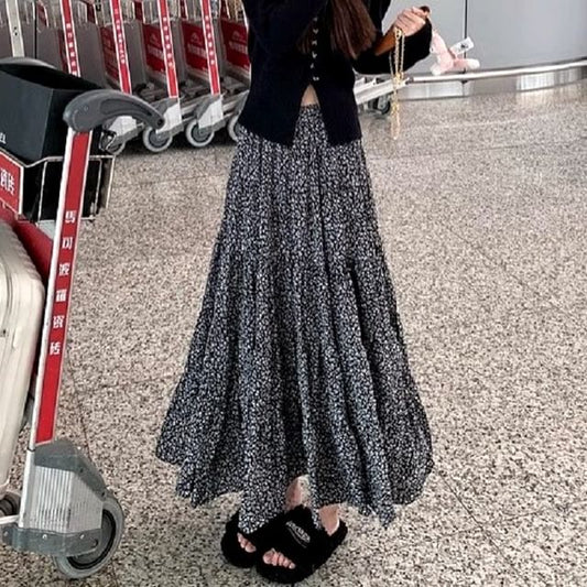 Waist Floral Skirt Midi A-Line Elastic