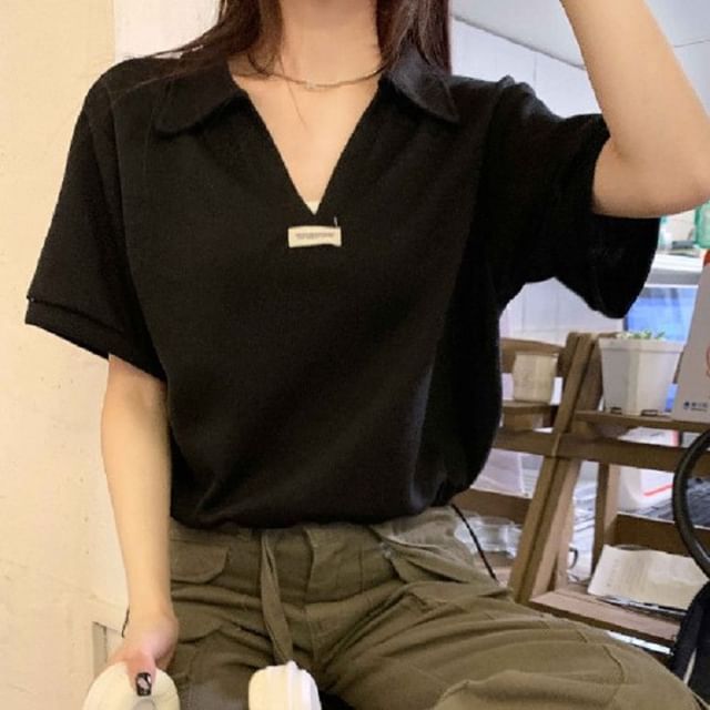 Drawstring V-Neck Applique Short-Sleeve Shirt Polo Hem