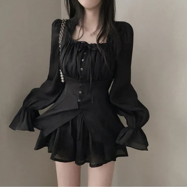 Puff-Sleeve Square-Neck Blouse and A-Line Mini Skirt Set
