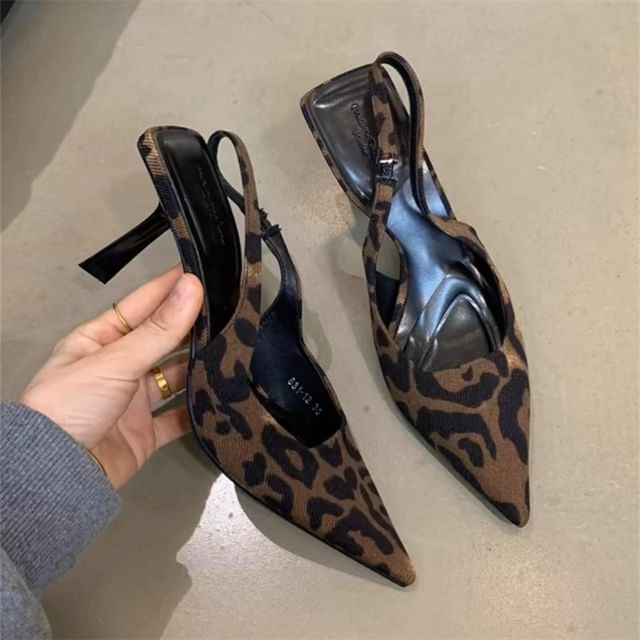 Leopard Slingback Pointed Sandals Heel Print High Toe