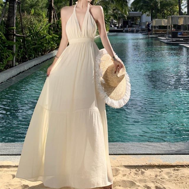 Halter Dress V-Neck Plain Maxi A-Line