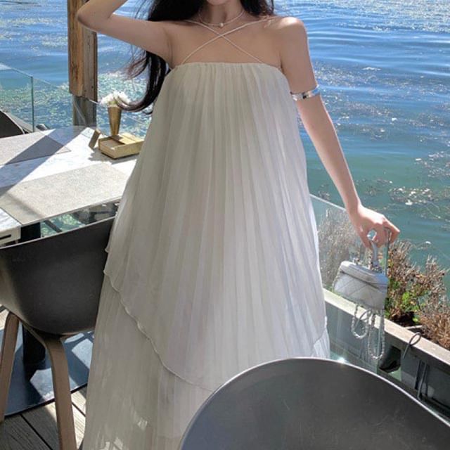 Strap Dress Midi Plain Pleated Spaghetti