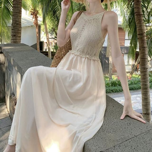 Dress Spaghetti Maxi A-Line Strap Panel Plain Knit