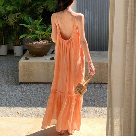 Maxi Strap Spaghetti Neck Scoop A-Line Plain Dress