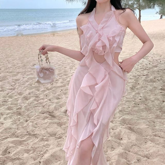 Trim Cutout Ruffle Plain A-Line Dress Neck Halter Mini