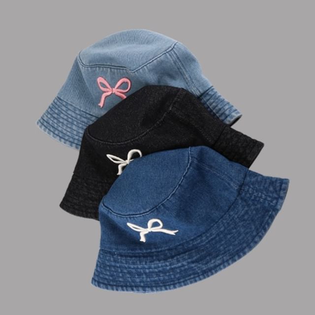 Embroidered Bow Bucket Hat Denim