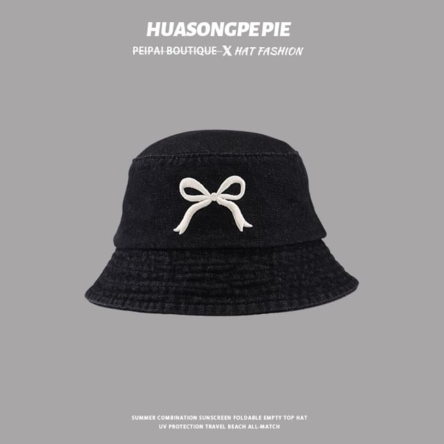 Embroidered Bow Bucket Hat Denim