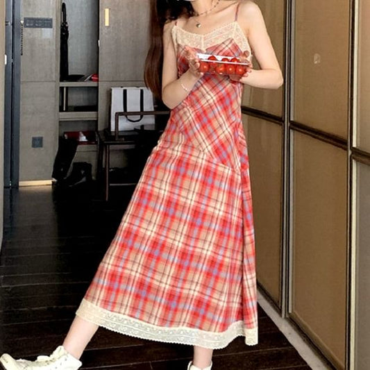 A-Line Dress Plaid Lace Midi Strap Trim Spaghetti