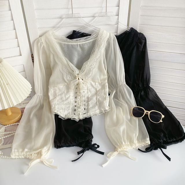 V-Neck Lace-Trim Bustier Blouse