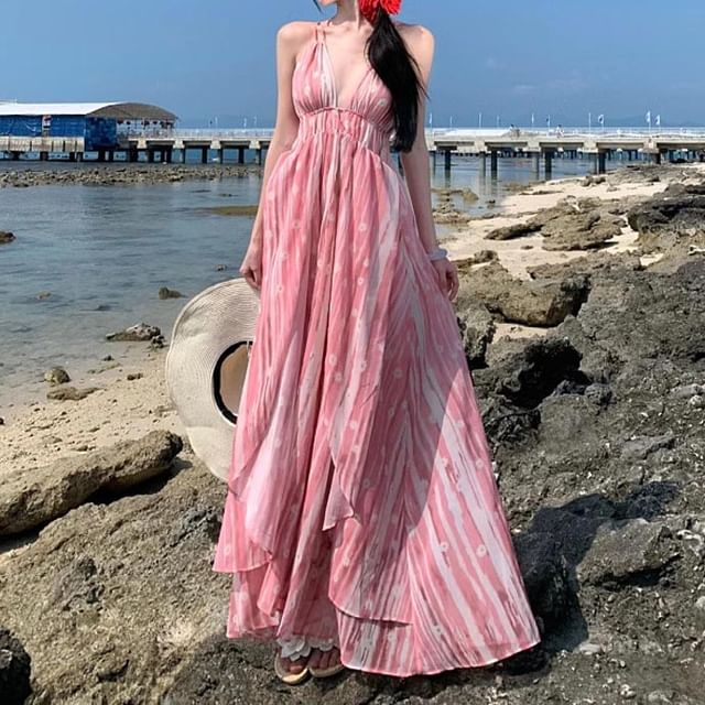 Maxi Strap A-Line V-Neck Patterned Dress Spaghetti