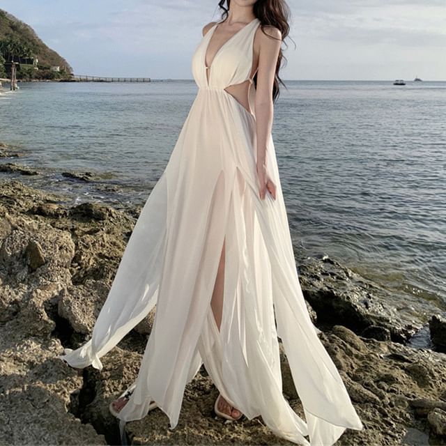 Dress V-Neck Plain Sleeveless Maxi A-Line