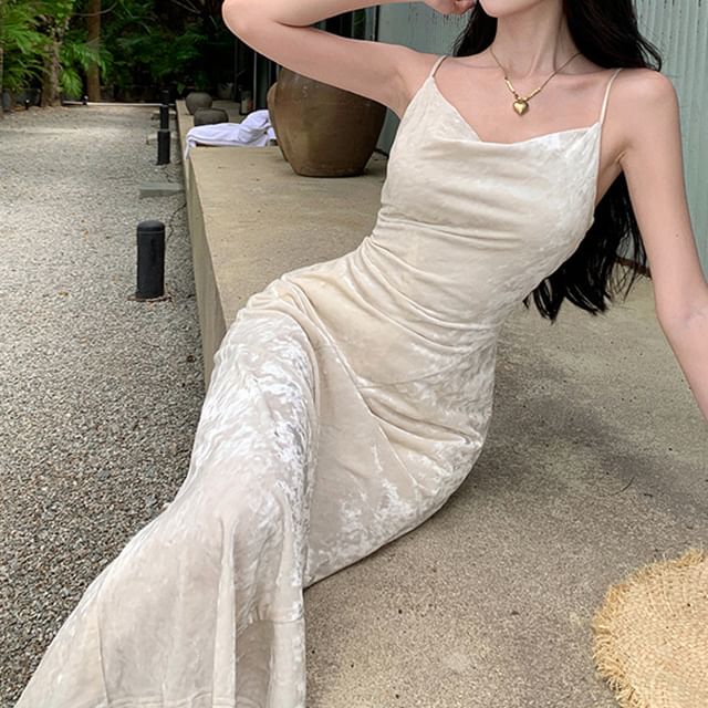 Mermaid Spaghetti Neck Maxi Strap Dress Cowl Plain