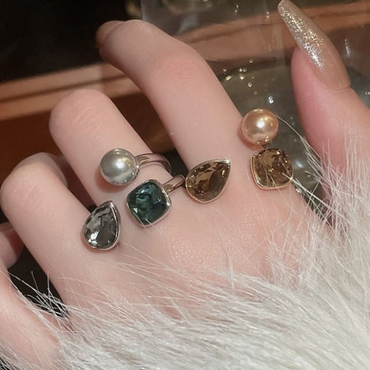 Layered Faux Rhinestone Pearl Open Ring