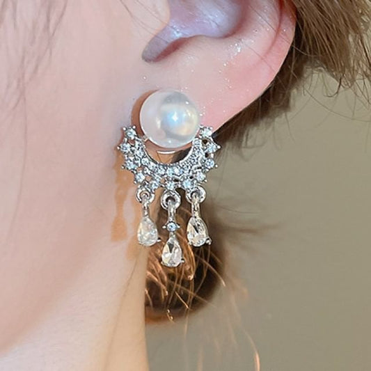 Pearl Rhinestone Faux Fringed Drop Earring