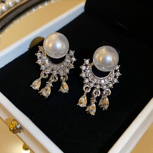 Pearl Rhinestone Faux Fringed Drop Earring