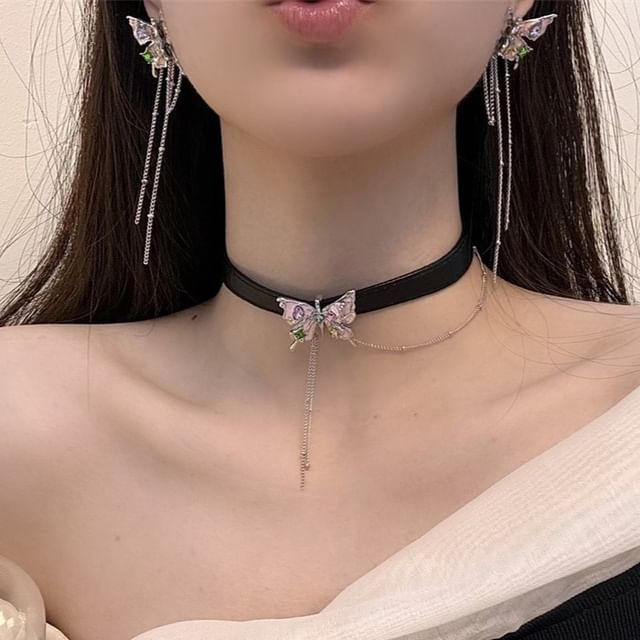 / Threader Choker Alloy Leather Butterfly Earring Faux