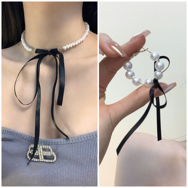 Choker Bow Earring / Pearl Hoop Faux