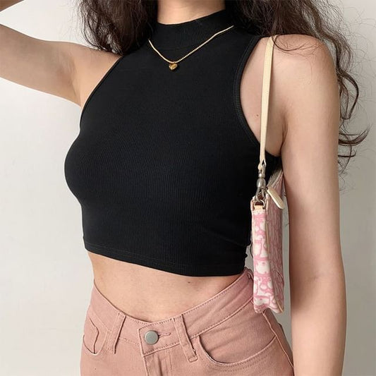 Crop Plain Top Tank Mock Neck