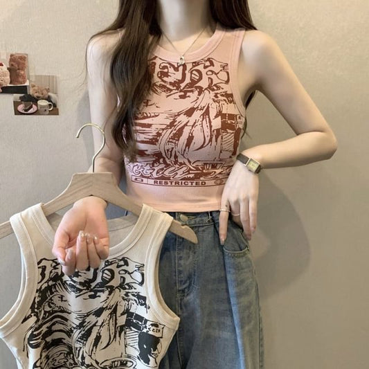 Round Print Graphic Top Crop Neck Tank