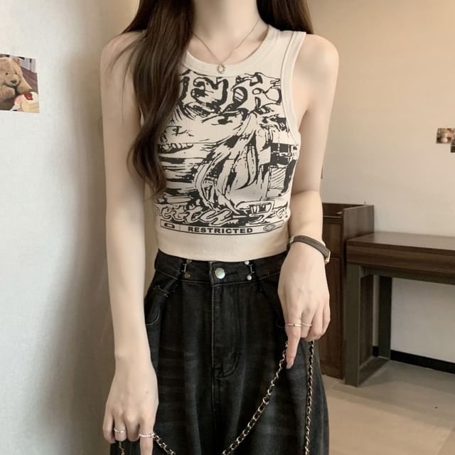 Round Print Graphic Top Crop Neck Tank