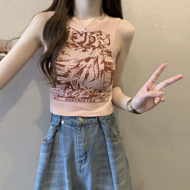 Round Print Graphic Top Crop Neck Tank