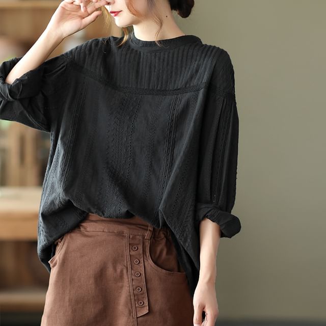 Crew-Neck Eyelet Lace Pintuck Panel Long-Sleeve Blouse