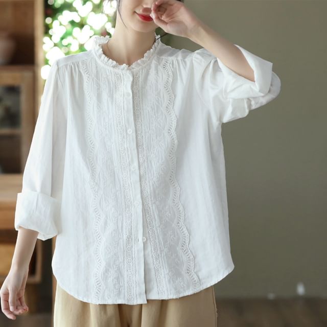 Stand-Collar Lace-Trim Button-Up Long-Sleeve Blouse