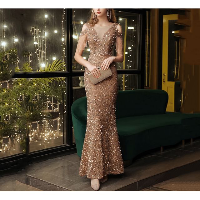 Trumpet Beaded Cap Shoulder Sleeve Cold Fringe Dress Sequin Evening