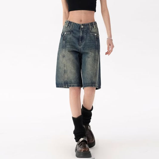 Rise Washed Denim Shorts Mid
