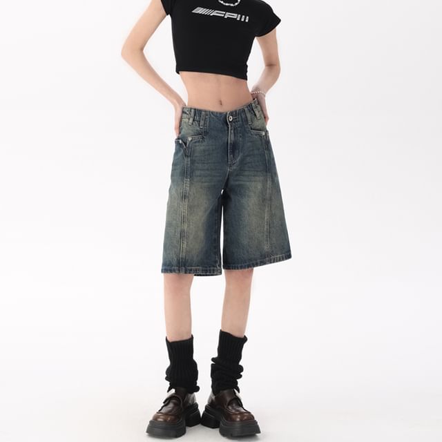 Rise Washed Denim Shorts Mid