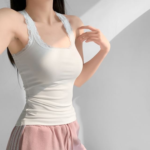 Scoop-Neck Lace-Trim Racerback Crop Tank