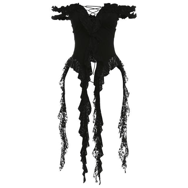 Off-Shoulder Asymmetrical Lace-Panel Frill Cutout Crop Top