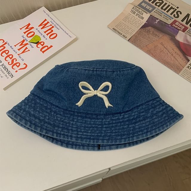 Hat Bucket Denim Bow Embroidered