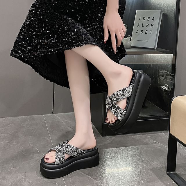 Sandals Slide Jacquard Platform Floral