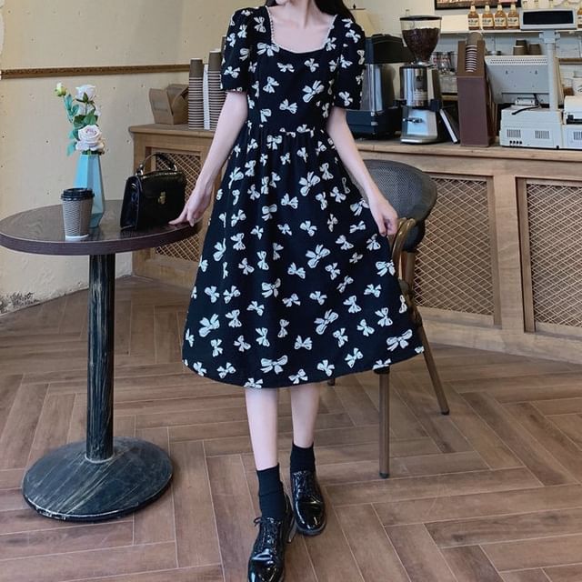 Midi Dress Neck Print Bow Tie Short-Sleeve A-Line Back Square Panel
