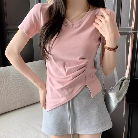 Asymmetrical V-Neck Plain Short-Sleeve T-Shirt Ruched