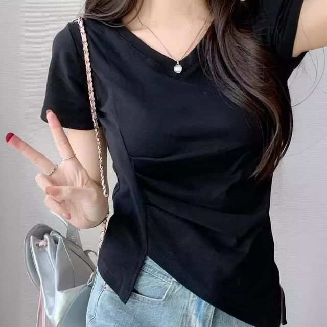 Asymmetrical V-Neck Plain Short-Sleeve T-Shirt Ruched
