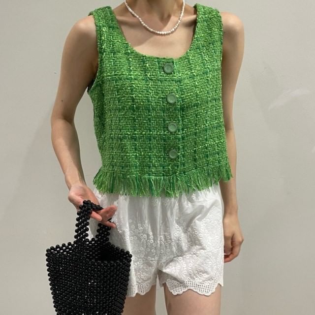 Round Neck Fringe Tweed Button Vest