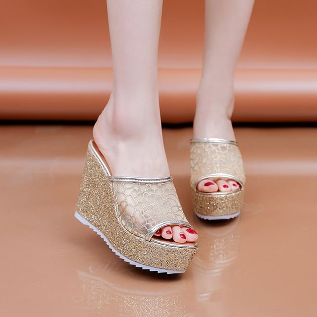 Plain Wedge Sandals Glitter Slide