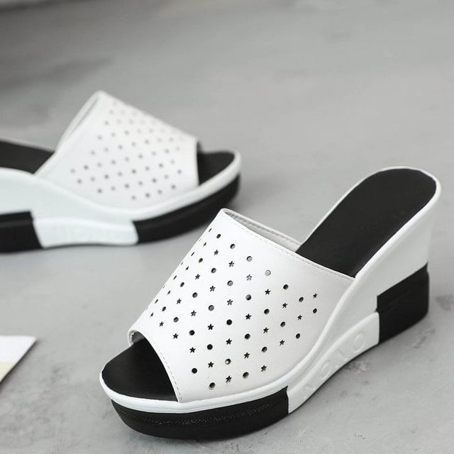 Plain Sandals Slide Wedge Pointelle