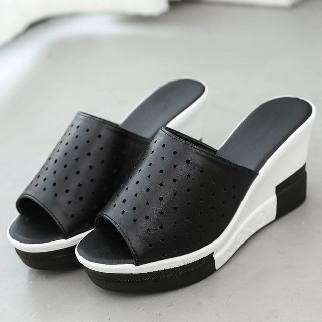 Plain Sandals Slide Wedge Pointelle