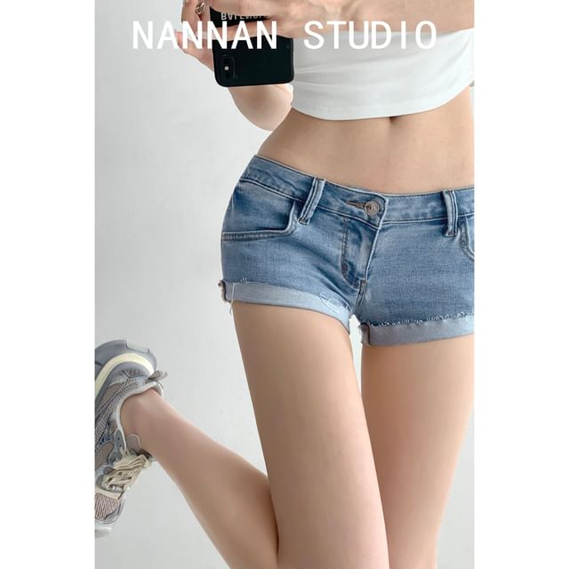 Low Rise Washed Roll Up Hem Denim Shorts
