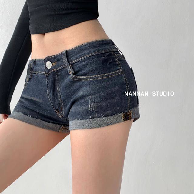 Low Rise Washed Roll Up Hem Denim Shorts