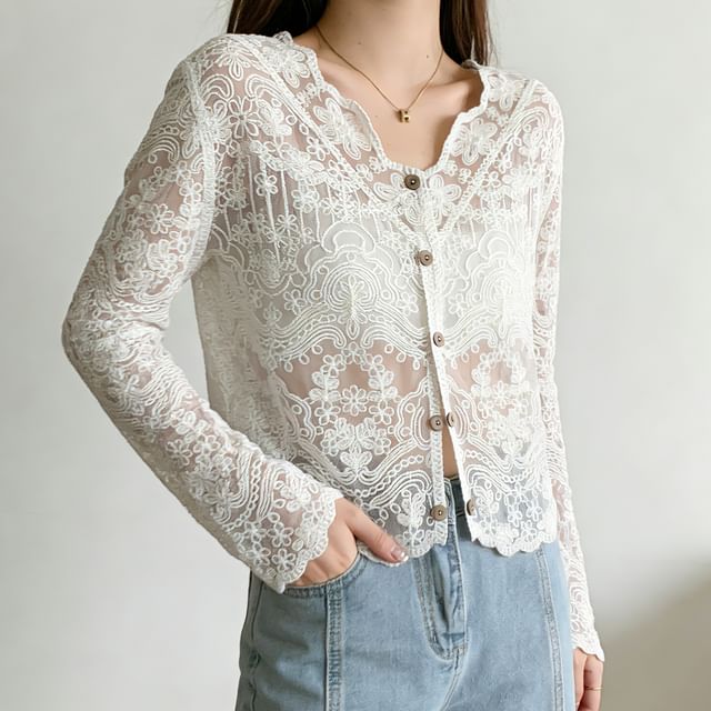 Long-Sleeve Lace Button Blouse