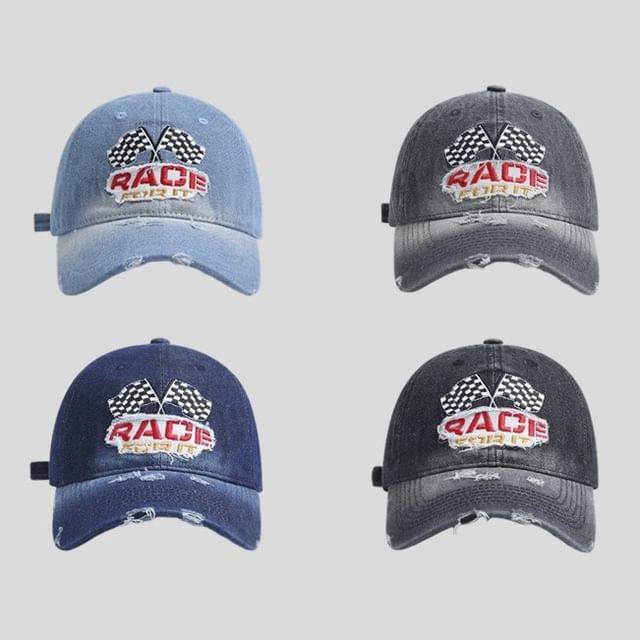 Denim Distressed Baseball Lettering Washed Cap Embroidered