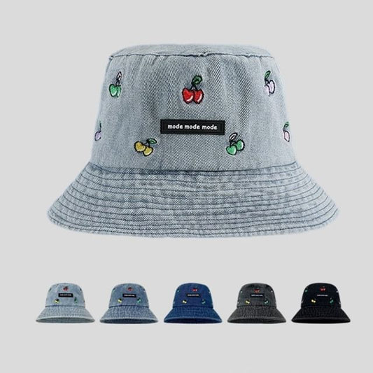 Cherry Denim Washed Hat Bucket Embroidered