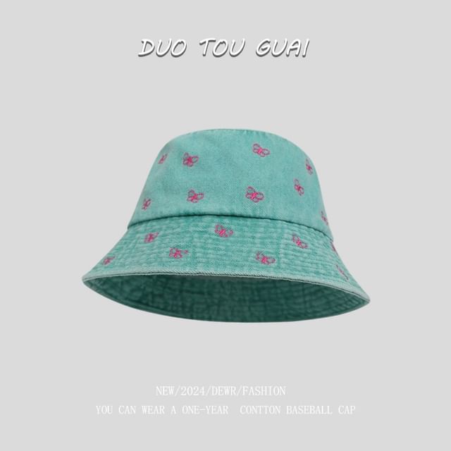 Bucket Embroidered Bow Denim Hat Washed