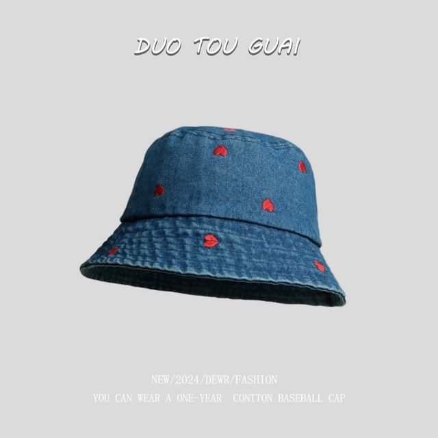 Bucket Heart Washed Hat Denim Embroidered
