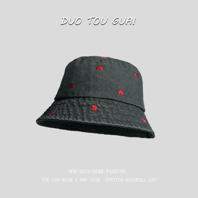 Bucket Heart Washed Hat Denim Embroidered